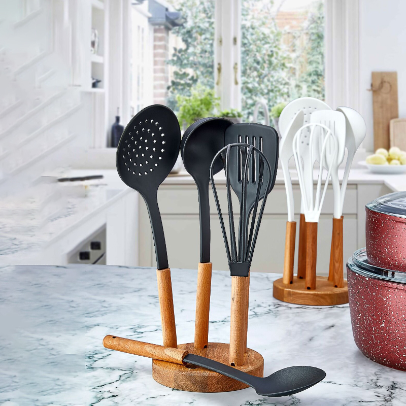 SET 6 PIECES USTENSILES CUISINES MANCHE BOIS ET SUPPORT BOIS