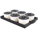 SET 6 RAMEQUIN CERAMIQUE AVEC COUVERCLE 10X6 CM + PLATEAU 35X20X3 CM MIX NOIR/VERT/BLANC/BLEU