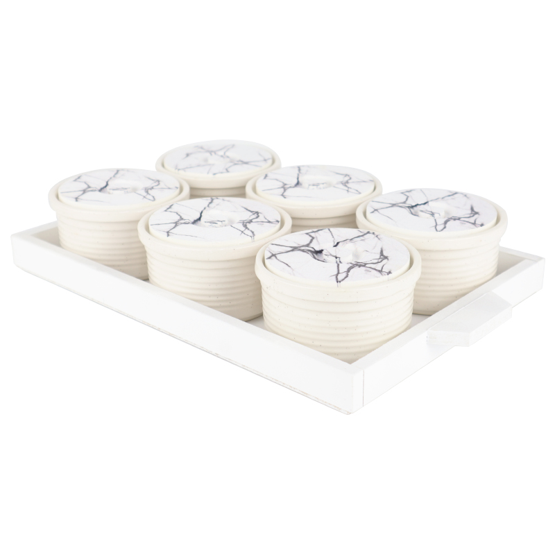 SET 6 RAMEQUIN CERAMIQUE AVEC COUVERCLE 10X6 CM + PLATEAU 35X20X3 CM MIX NOIR/VERT/BLANC/BLEU