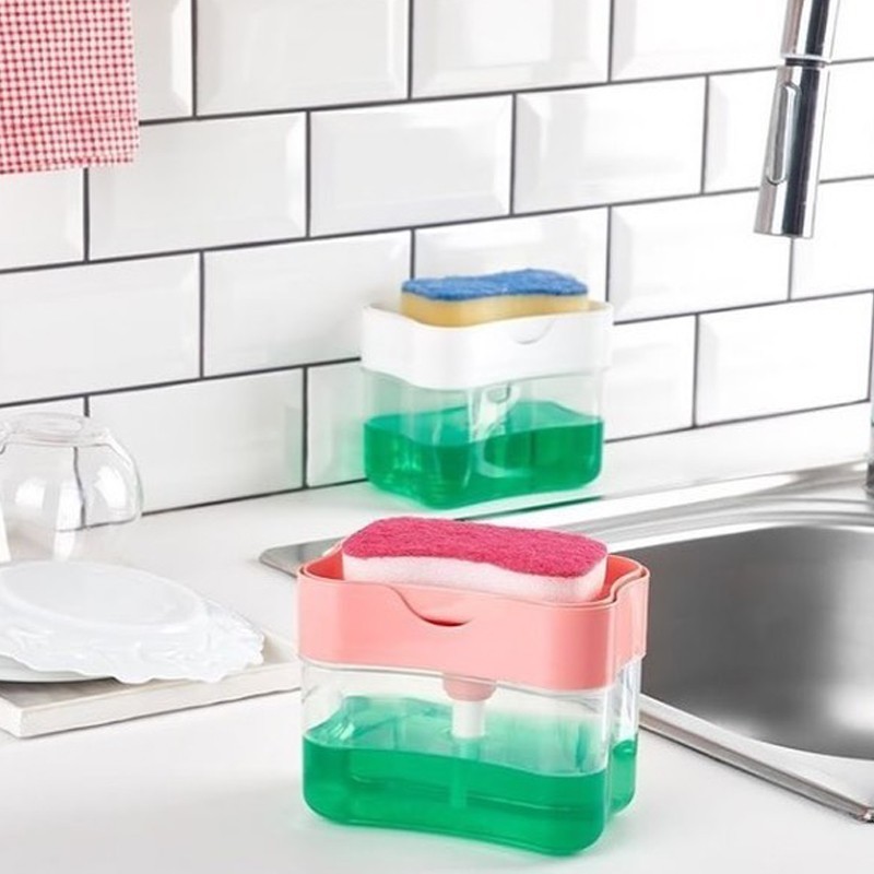BOITE LIQUIDE VAISSELLE PRATIQUE AVEC EPONGE - 11 X 14 X 9 CM MIX ROSE/BLANC