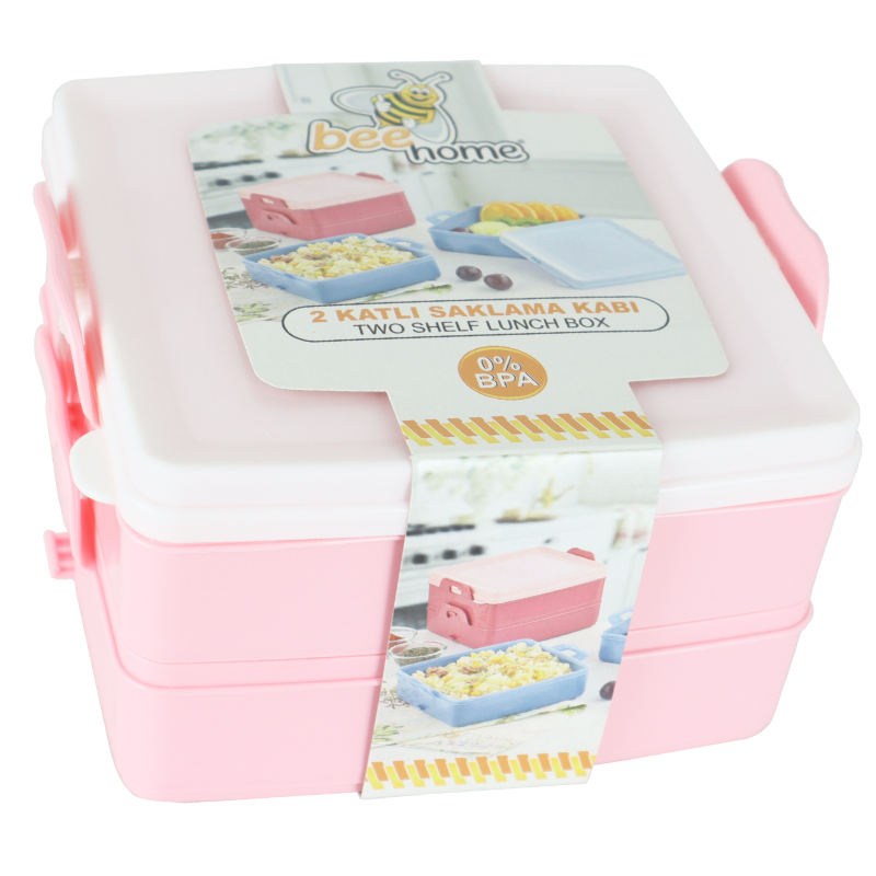 BOITE A DEJEUNER 2 NIVEAUX 15X15X9 CM  MIX BLEU/ROSE/VIOLET