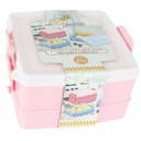 BOITE A DEJEUNER 2 NIVEAUX 15X15X9 CM  MIX BLEU/ROSE/VIOLET