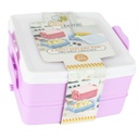 BOITE A DEJEUNER 2 NIVEAUX 15X15X9 CM  MIX BLEU/ROSE/VIOLET