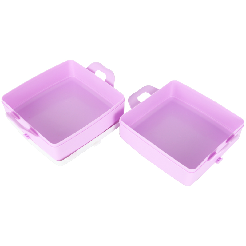 BOITE A DEJEUNER 2 NIVEAUX 15X15X9 CM  MIX BLEU/ROSE/VIOLET