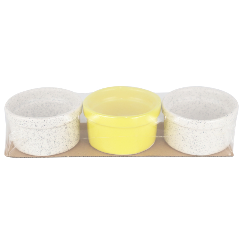 SET 3 RAMEQUINS CERAMIQUE AVEC COUVERCLE 6X3 CM MIX BLANC/MARRON/JAUNE/ROSE