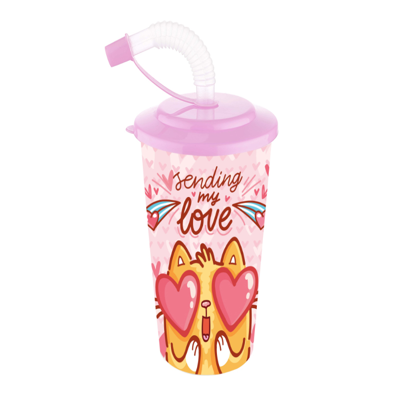 GOBELET PLASTIQUE 600  ML AVEC PAILLE MIX ROSE/BLEU/ROUGE