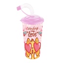 GOBELET PLASTIQUE 600  ML AVEC PAILLE MIX ROSE/BLEU/ROUGE
