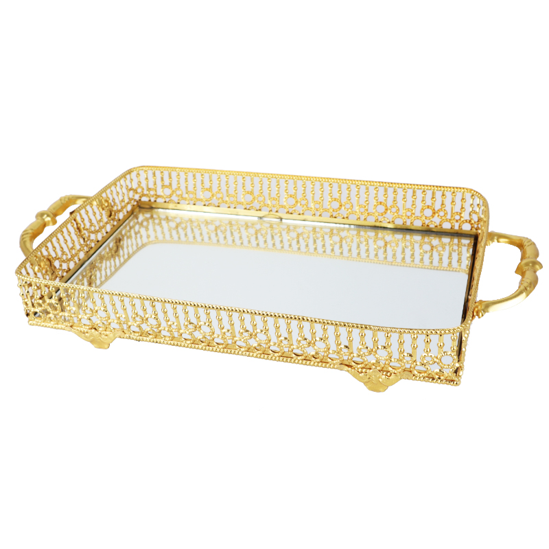PLATEAU DECO RECTANGULAIRE METAL MODELE OR 32X19X7 CM - MIX 3 DESIGNS