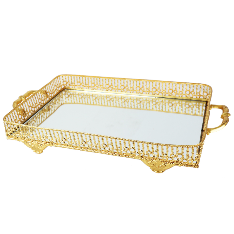 PLATEAU DECO RECTANGULAIRE METAL MODELE OR 41X28X8 CM - MIX 3 DESIGNS