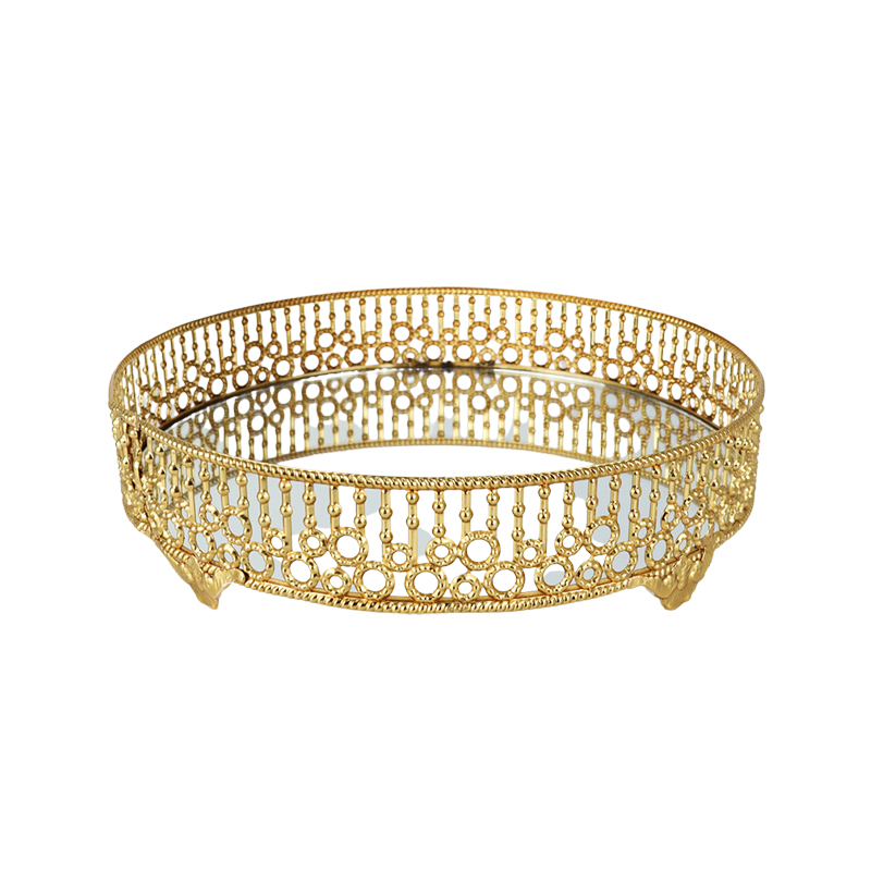 PLATEAU ROND DECO METAL MODELE OR 20 CM - MIX 3 DESIGNS 