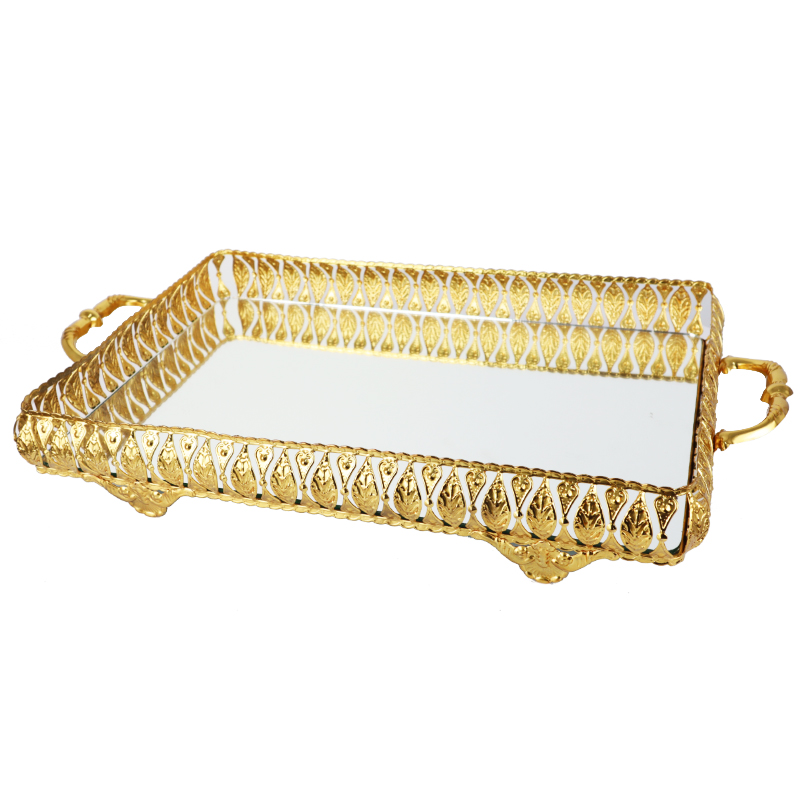 PLATEAU DECO RECTANGULAIRE METAL MODELE OR 41X28X8 CM - MIX 3 DESIGNS