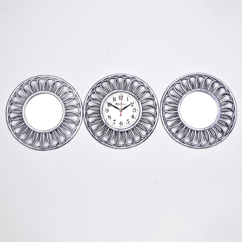 SET 3 PIECES HORLOGE + MIROIRS OR/ARGENT 3X25 CM