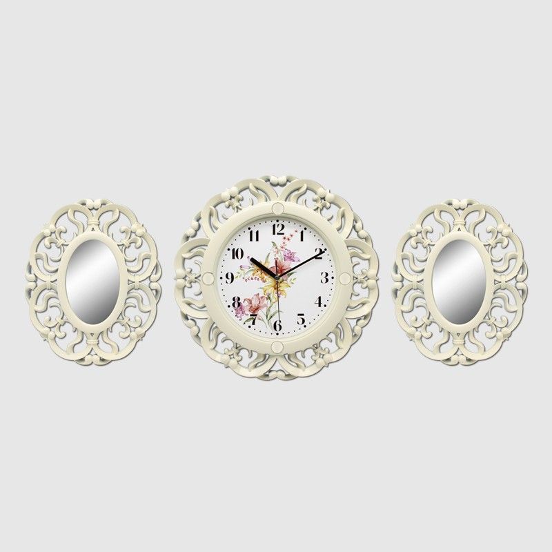 HORLOGE MURALE 3PCS DÉCO AVEC MIROIR-35X86CM BLANC/OR