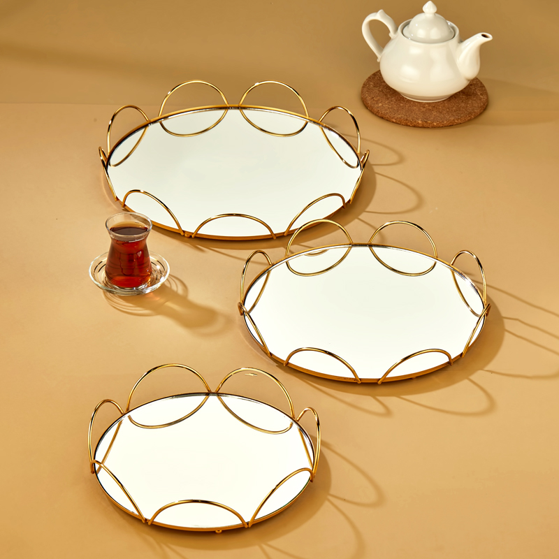 SET 3 PLATEAUX METAL ROND MODELE OR 25-30-35 CM