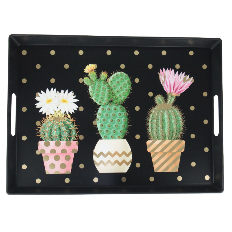 PLATEAU DECO PLASTIQUE 38X28 CM MIX BLANC NOIR  DESIGN CACTUS