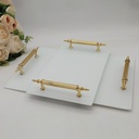 SET 2 PLATEAU DECO VERRE BLANC POIGNEE OR 26X17 CM + 33X23 CM 