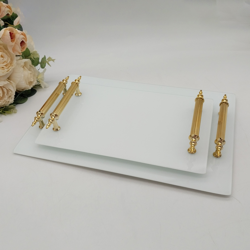 SET 2 PLATEAU DECO VERRE BLANC POIGNEE OR 26X17 CM + 33X23 CM 