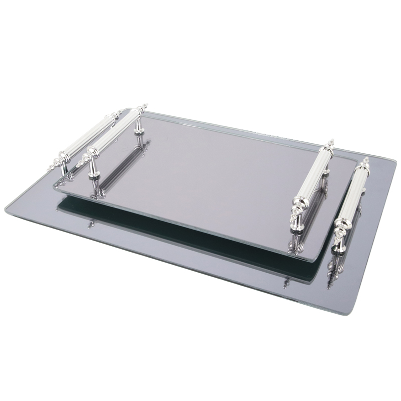 SET 2 PLATEAU DECO MIRROIR POIGNEE ARGENT 26X17 CM + 33X23 CM 