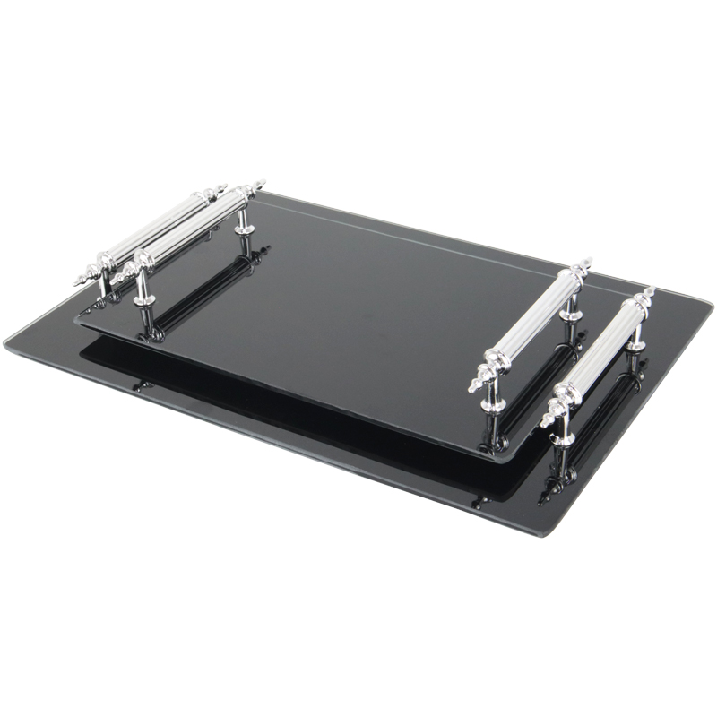 SET 2 PLATEAU DECO VERRE NOIR POIGNEE ARGENT 26X17 CM + 33X23 CM 