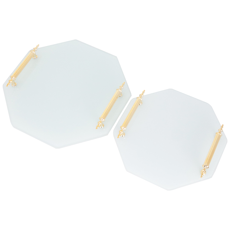 SET 2 PIECES PLATEAUX OCTOGONAL VERRE  AVEC POIGNEE OR MODELE BLANC