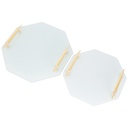 SET 2 PIECES PLATEAUX OCTOGONAL VERRE  AVEC POIGNEE OR MODELE BLANC