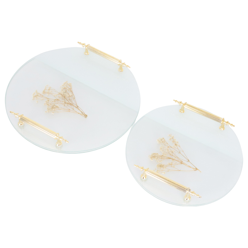 SET 2 PLATEAUX DECO ROND VERRE TRANSPARENT ET BLANC AVEC POIGNEE OR MODELE FEUILLE