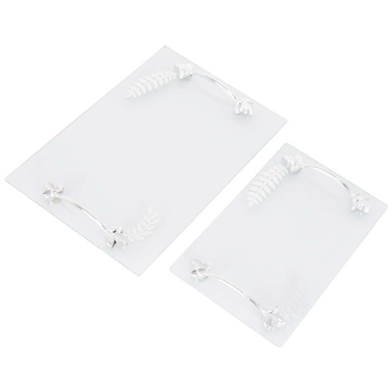 SET 2 PLATEAUX DECO RECTANGULAIRE VERRE TRANSPARENT ET POIGNEE ARGENT MODELE FEUILLE