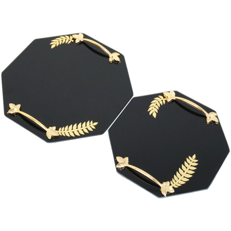 SET 2 PIECES PLATEAUX OCTOGONAL VERRE MODELE FEUILLE AVEC POIGNEE OR MODELE NOIR