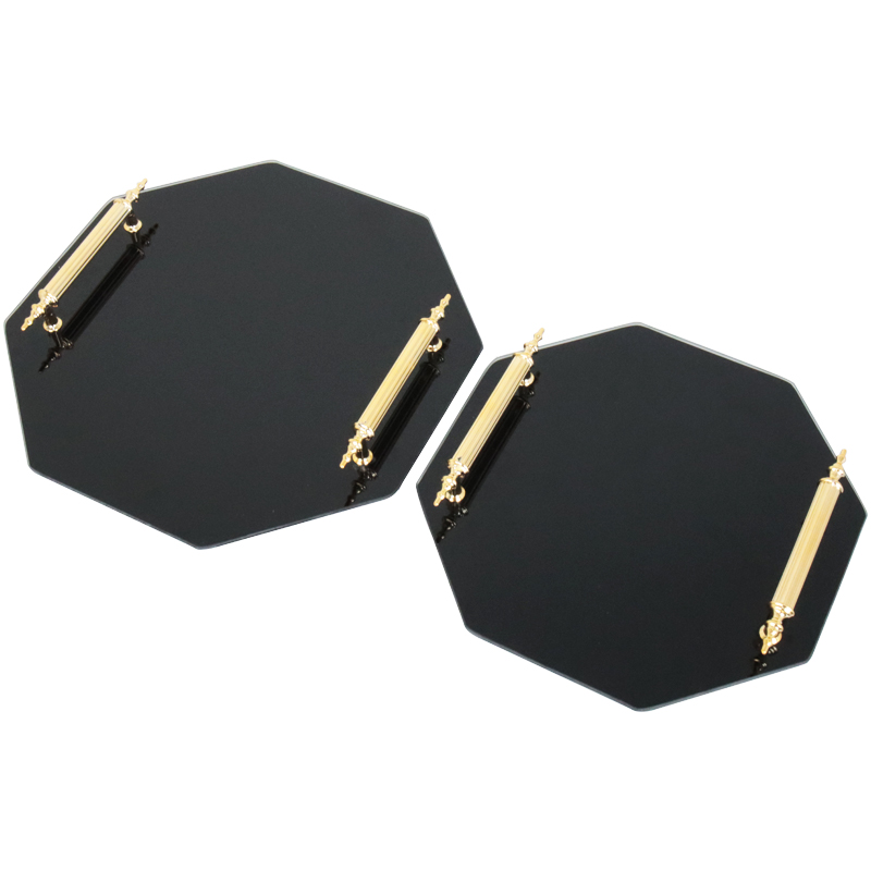 SET 2 PIECES PLATEAUX OCTOGONAL VERRE AVEC POIGNEE OR MODELE NOIR