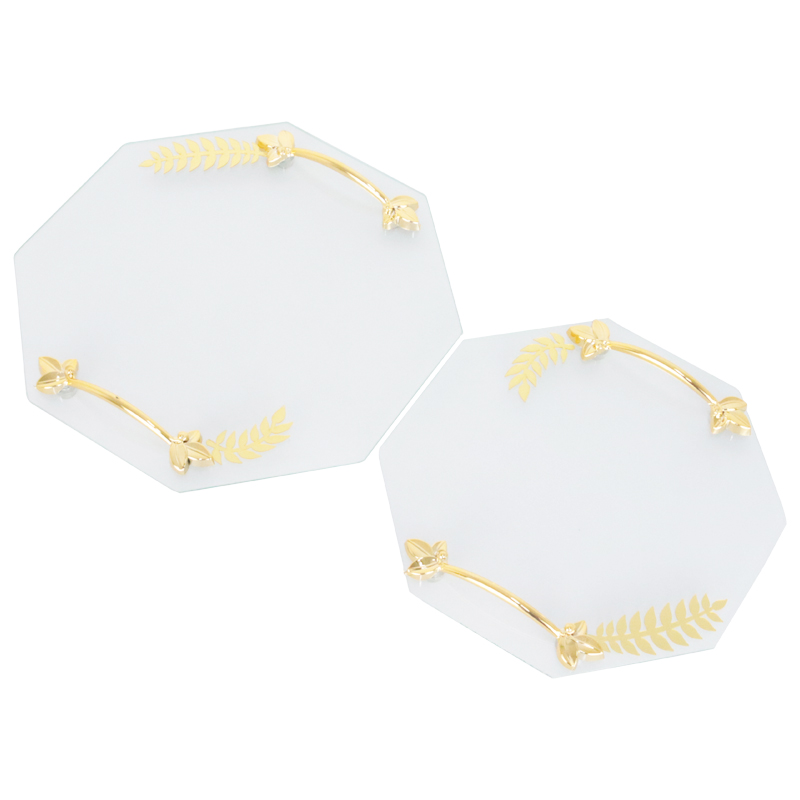 SET 2 PIECES PLATEAUX OCTOGONAL VERRE AVEC FEUILLE ET POIGNEE OR MODELE TRANSPARENT