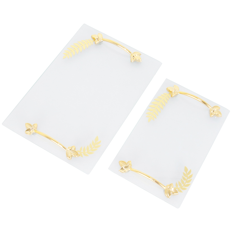 SET 2 PIECES PLATEAUX RECTANGULAIRE VERRE AVEC FEUILLE ET POIGNEE OR MODELE TRANSPARENT