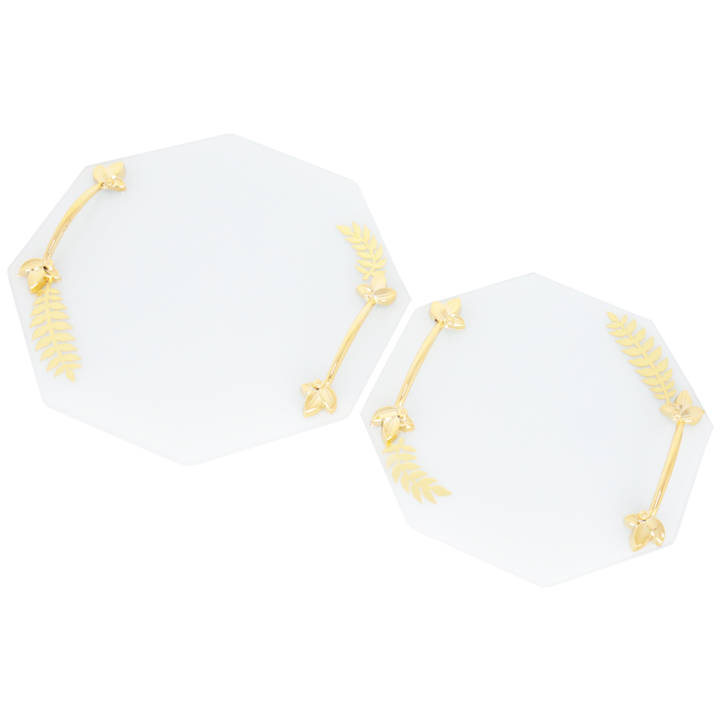 SET 2 PIECES PLATEAUX OCTOGONAL VERRE AVEC FEUILLE ET POIGNEE OR MODELE BLANC