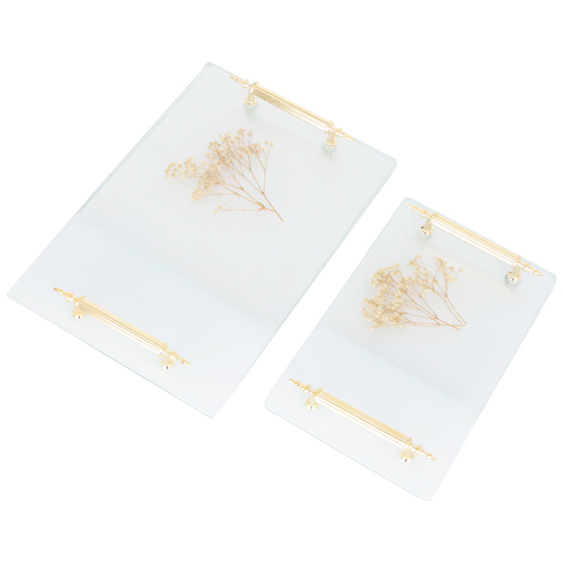 SET 2 PLATEAUX DECO RECTANGULAIRE VERRE TRANSPARENT ET POIGNEE OR MODELE FEUILLE