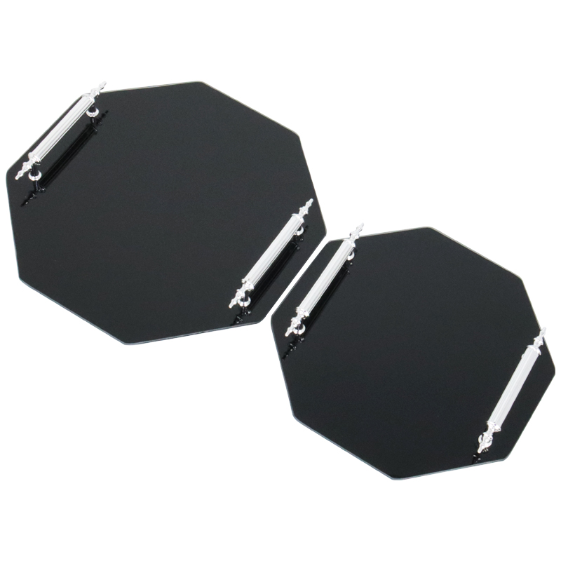 SET 2 PIECES PLATEAUX OCTOGONAL VERRE AVEC POIGNEE ARGENT MODELE NOIR