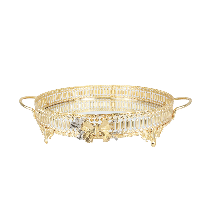 PLATEAU DECO METAL ROND AVEC POIGNEE 30 CM MODELE OR 