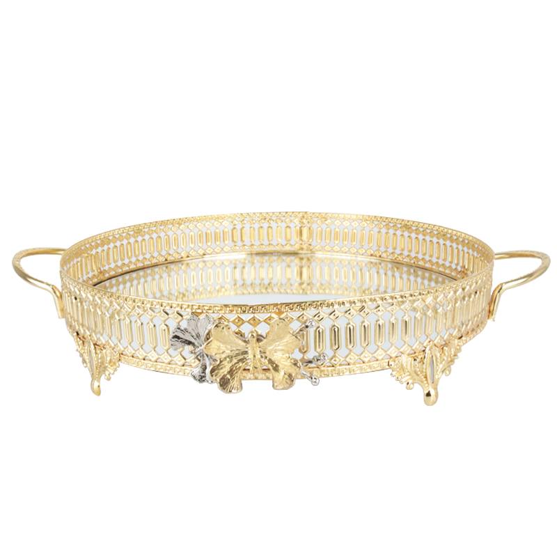 PLATEAU DECO METAL ROND AVEC POIGNEE 35 CM MODELE OR 