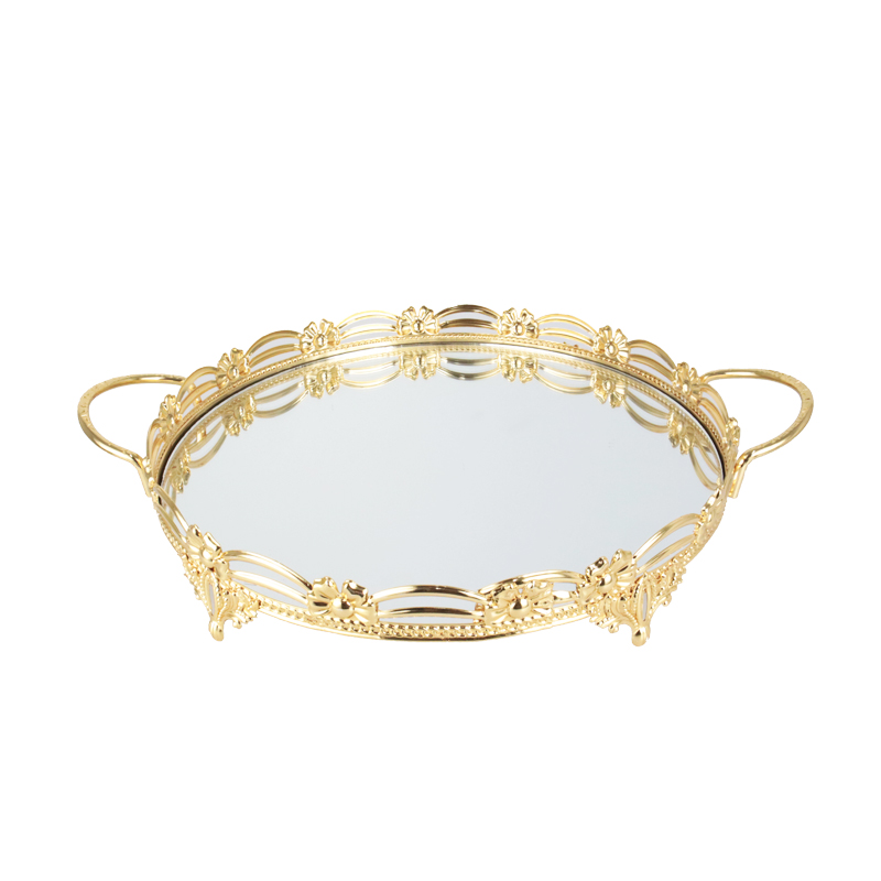 PLATEAU DECO METAL ROND AVEC POIGNEE 30 CM MODELE OR 