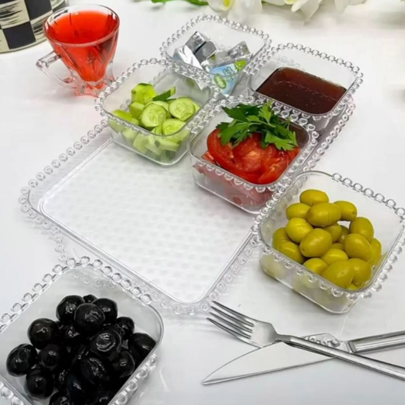 SET PETIT DEJEUNER TRANSPARENT CRYSTAL 6 COMPARTIMENTS 33X21X6 CM 