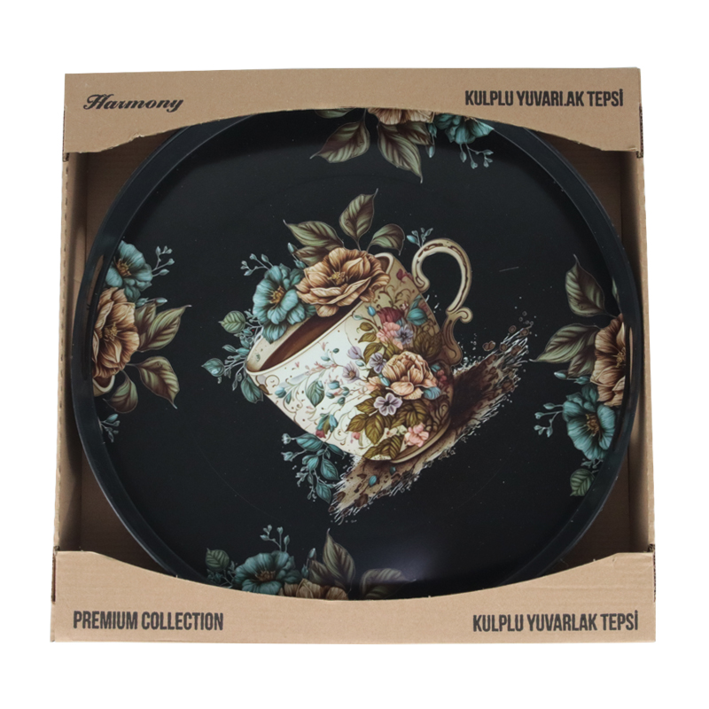 PLATEAU ROND AVEC POIGNEE 36CM COULEURS:BLANC ET NOIR