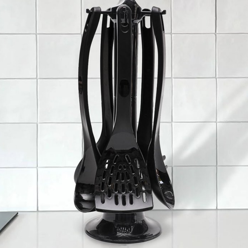 SET 6 PIECES (5 ACCESSOIRES CUISINE ET SUPPORT) PLASTIQUE COULEUR NOIR 39X12 CM 