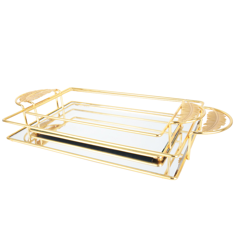 SET 2 PLATEAU DECO METAL AVEC MODELE FEUILLE 24X37 ET 30X17 CM MODELE OR 