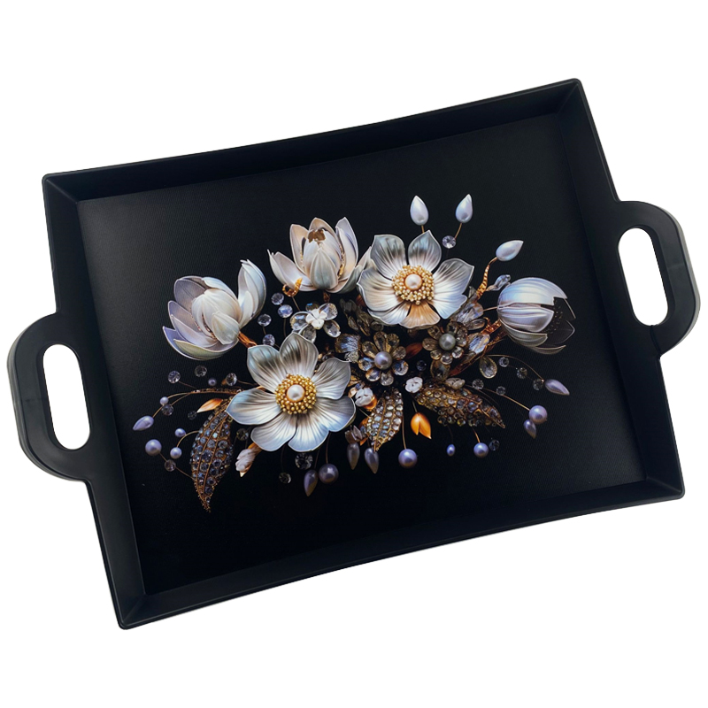 PLATEAU DECO PLASTIQUE AVEC POIGNEE MIX NOIR / BLANC