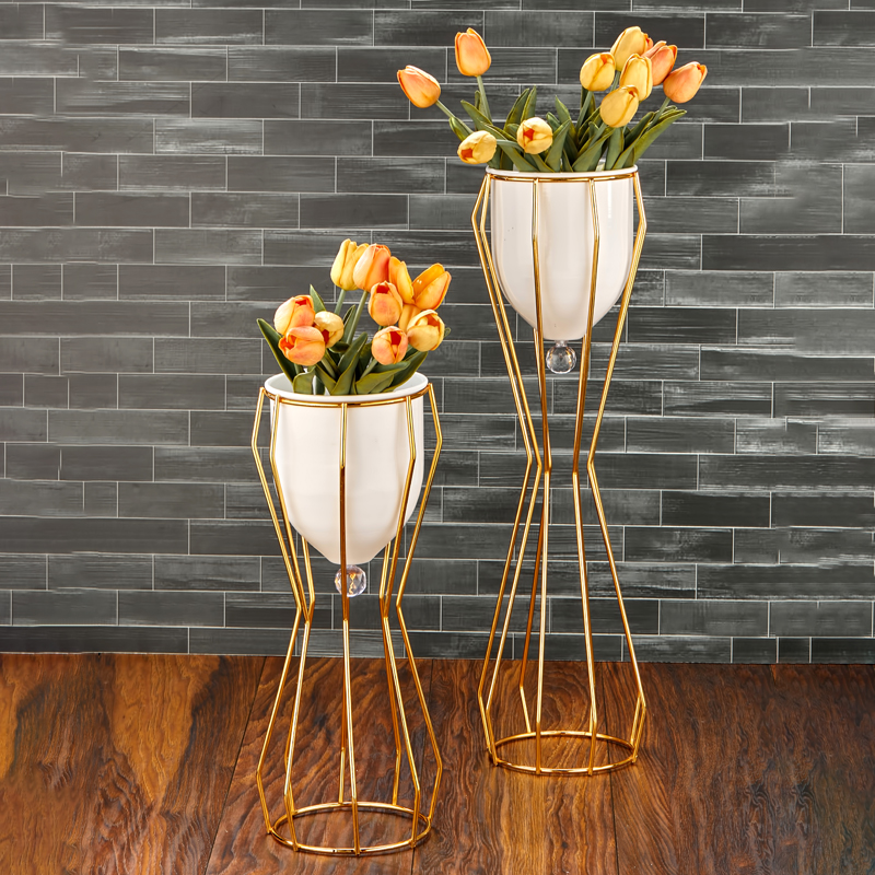 SET 2 POTS DE FLEUR DECO METAL 48X18X18 // 65X18X18 CM MODELE OR 
