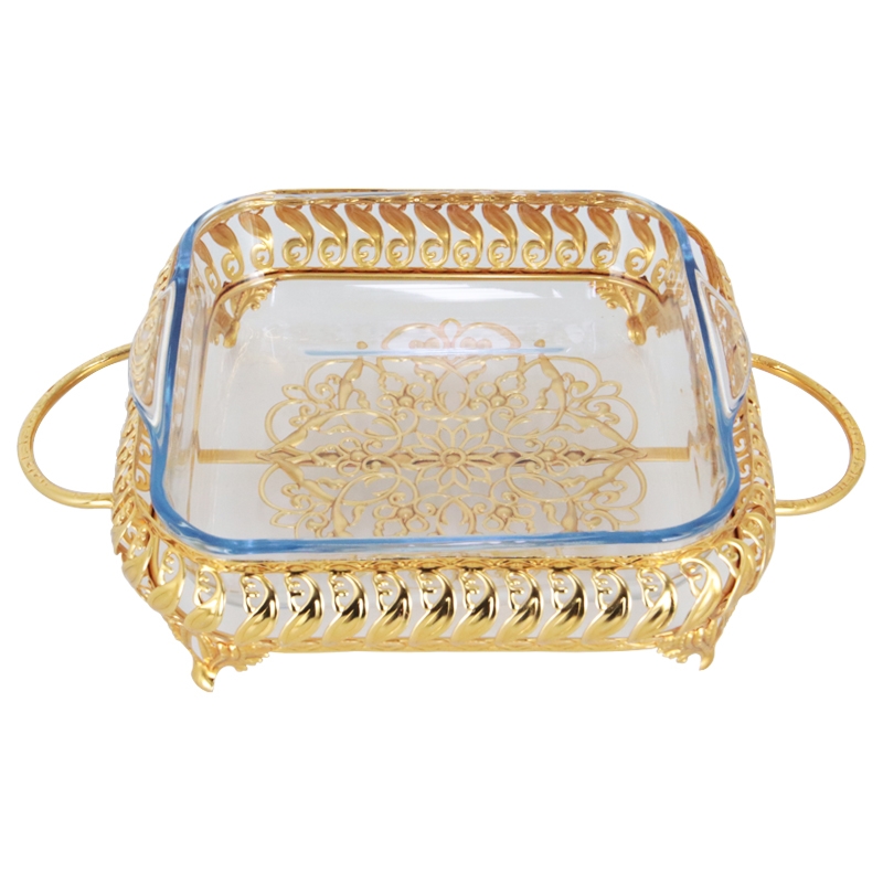 PLATEAU DECO METAL AVEC PLAT A FOUR EN VERRE 36X28X8 CM 