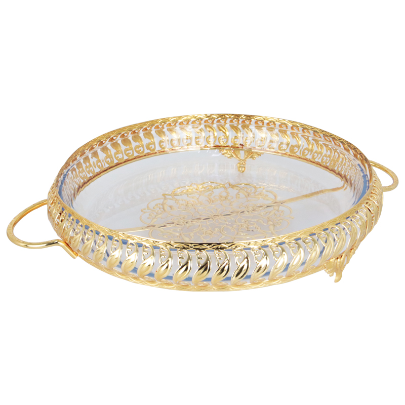 PLATEAU DECO METAL AVEC PLAT A FOUR EN VERRE 40X31X8 CM 
