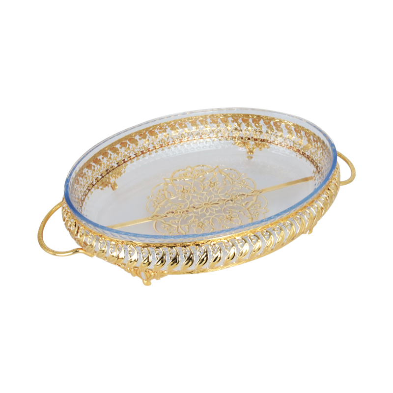 PLATEAU DECO METAL AVEC PLAT A FOUR EN VERRE 33X18X8 CM 