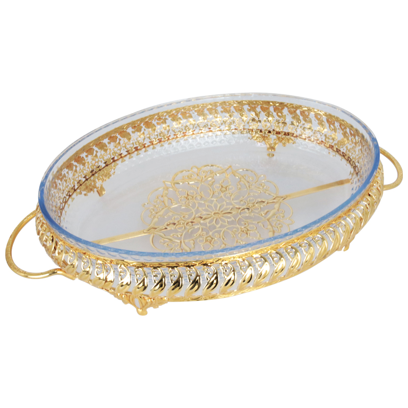 PLATEAU DECO METAL AVEC PLAT A FOUR EN VERRE 42X24X8 CM 