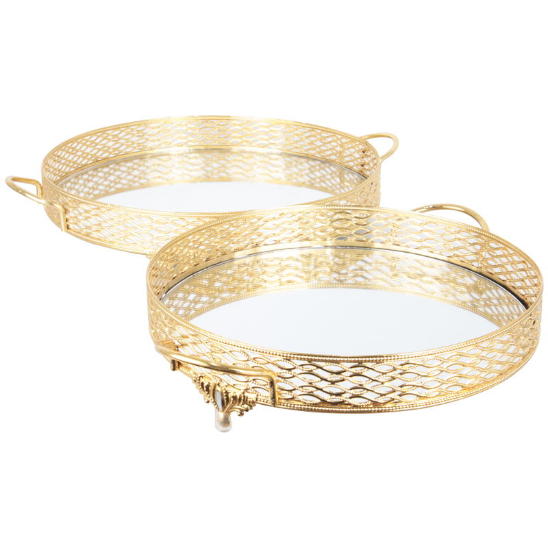 SET 2 PLATEAUX DECO METAL ROND AVEC POIGNEE. 30 CM / 35 CM MODELE OR