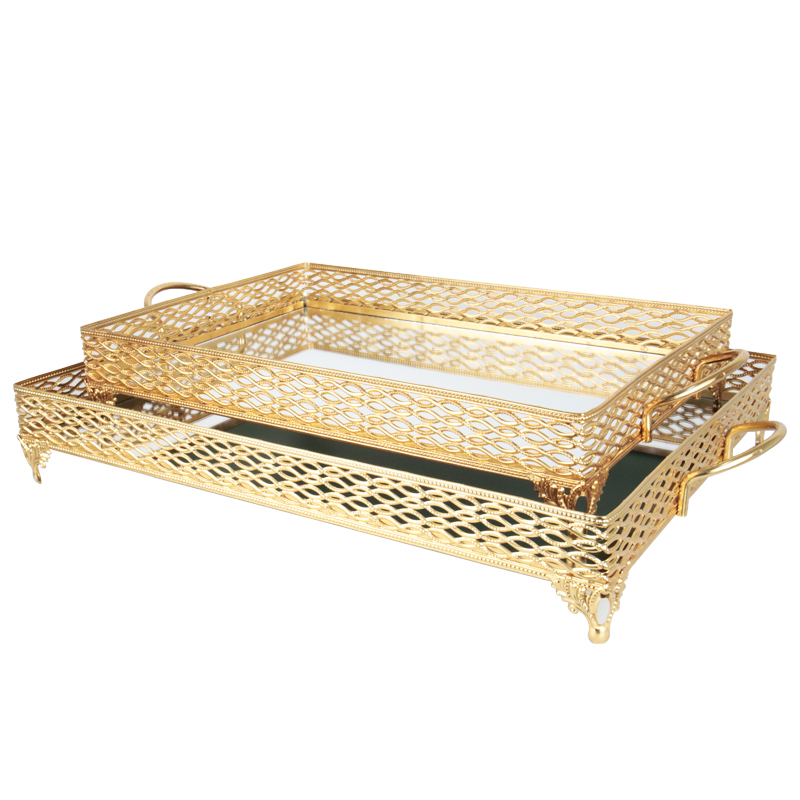 SET 2 PLATEAUX DECO METAL RECTANGULAIRE 37X24 / 43X31 CM MODELE OR