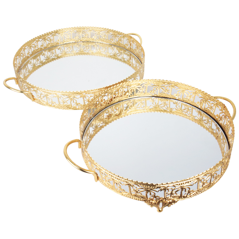 SET 2 PLATEAUX DECO METAL ROND AVEC POIGNEE. 30 CM / 35 CM MODELE OR